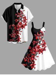 Flower Colorblock Print Matching Hawaii Beach Outfit For Couples - Rouge 