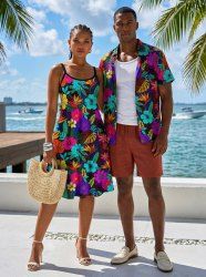 Hibiscus Flower Tropical Leaf Print  Matching Hawaii Beach Outfit For Couples -  