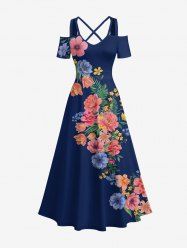 Flowers Leaf Print Cold Shoulder Crisscross Hawaii Maxi Dress -  