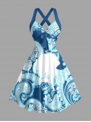 Paisley Flowers Print Crisscross Straps Bowknot Hawaii Tank Dress - Bleu Ciel XXXL