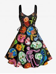 Funny Skulls Skeleton Flower Print Hawaii Lace Up A Line Dress - Noir 4X
