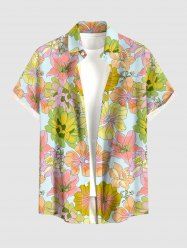 Flower Leaf Print Buttons Pocket Hawaii Shirt For Men -  