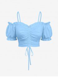 Cinched Ruched Ruffles Cold Shoulder Cami Top - Bleu clair M