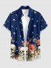 Chemise hawaïenne à boutons et poche pour homme, imprimé crânes, fleurs et feuilles - Bleu profond 3XL