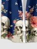 Chemise hawaïenne à boutons et poche pour homme, imprimé crânes, fleurs et feuilles - Bleu profond 3XL