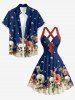 Robe trapèze Hawaii halter à brides croisées avec imprimé crânes, fleurs et feuilles - Bleu profond S