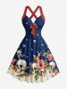 Robe trapèze Hawaii halter à brides croisées avec imprimé crânes, fleurs et feuilles - Bleu profond S