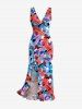 Colorful Flowers Print Hawaii Ruffles Split Surplice Dress -  
