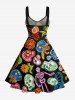 Funny Skulls Skeleton Flower Print Hawaii Lace Up A Line Dress - Noir 4X