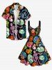 Funny Skulls Skeleton Flower Print Hawaii Lace Up A Line Dress - Noir 4X