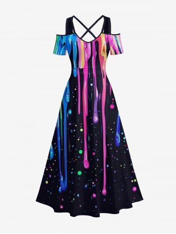 Colorful Paint Drop Print Hawaii  Cold Shoulder Crisscross A Line Maxi Dress