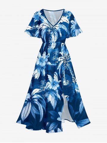 Coconut Tree Flower Leaf Print Split Hawaii Midi Dress - BLUE - 4X