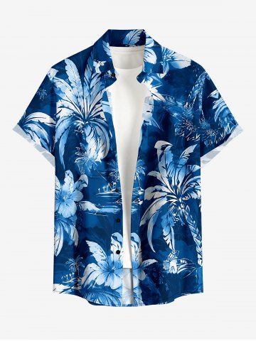 Coconut Tree Flower Leaf Print Buttons Pocket Hawaii Shirt For Men - BLUE - 2XL