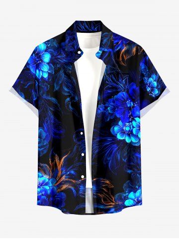 Flowers Glitter 3D Print Buttons Pocket Hawaii Shirt For Men - NAVY BLUE - 5XL