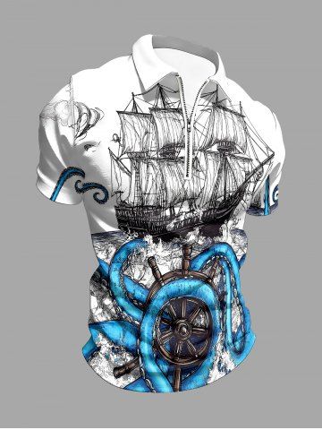 Octopus Sailboat Ship Rudder Cruise Print Zipper Polo Hawaii Shirt For Men - LAKE BLUE - XS