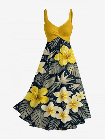 Tropical Leaf Hibiscus Flower Print Hawaii Twist A Line Dress - YELLOW - M