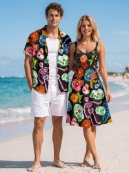 Funny Skulls Skeleton Flower Print Matching Hawaii Beach Outfit For Couples -  