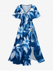 Coconut Tree Flower Leaf Print Split Hawaii Midi Dress - Bleu XS