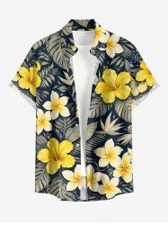Tropical Leaf Hibiscus Flower Print Hawaii Button Pocket Shirt For Men -  