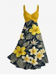 Tropical Leaf Hibiscus Flower Print Hawaii Twist A Line Dress -  