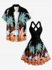 Coconut Tree Flowers Leaf Print Crisscross Straps Bowknot Hawaii Tank Dress -  