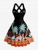 Coconut Tree Flowers Leaf Print Crisscross Straps Bowknot Hawaii Tank Dress -  