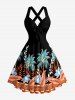 Coconut Tree Flowers Leaf Print Crisscross Straps Bowknot Hawaii Tank Dress -  
