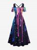 Colorful Paint Drop Print Hawaii  Cold Shoulder Crisscross A Line Maxi Dress -  