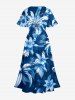 Coconut Tree Flower Leaf Print Split Hawaii Midi Dress - Bleu XS