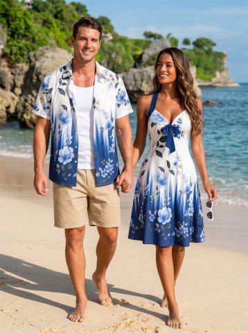 Leaf Flower Light Beam Print Matching Hawaii Beach Outfit For Couples - CADETBLUE