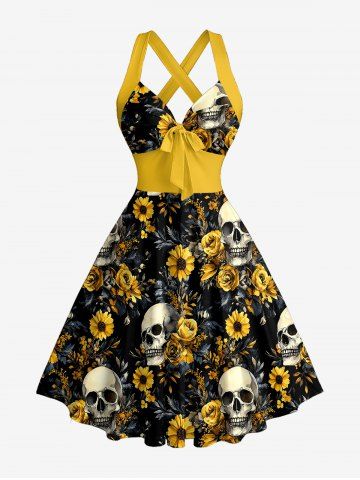Skull Sunflower Flower Leaf Print Hawaii Halter Crisscross Strappy A Line Dress - YELLOW - XXXL