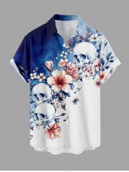Flowers Skulls Colorblock Print Buttons Pocket Hawaii Shirt For Men - Bleu profond S