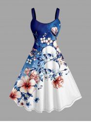 Flowers Skulls Colorblock Print Hawaii Tank Dress - Bleu profond 2X