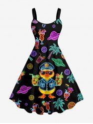Coconut Tree Duck Juice Planet Print Hawaii A Line Dress - Noir XS