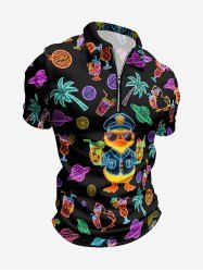 Coconut Tree Duck Juice Planet Print Hawaii Zipper Polo Shirt For Men - Noir XL