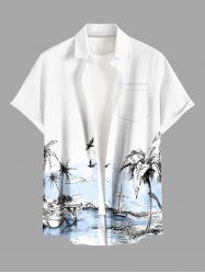 Imprimé cocotier et oiseau de mer - Chemise hawaïenne à boutons et poche pour homme - Bleu clair XL