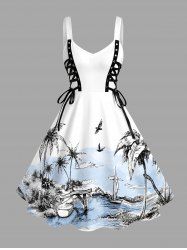 Coconut Tree Sea Bird Print Hawaii Lace Up A Line Dress -  