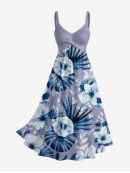 Tropical Leaf Flower Print Hawaii Twist A Line Dress -  