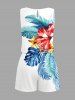 Tropical Leaf Hibiscus Flower Print Hawaii Drawstring Pocket Romper - Bleu XS