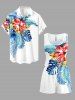 Tropical Leaf Hibiscus Flower Print Hawaii Drawstring Pocket Romper - Bleu XS