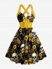 Skull Sunflower Flower Leaf Print Hawaii Halter Crisscross Strappy A Line Dress -  