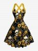 Skull Sunflower Flower Leaf Print Hawaii Halter Crisscross Strappy A Line Dress -  