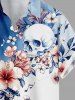 Flowers Skulls Colorblock Print Buttons Pocket Hawaii Shirt For Men - Bleu profond S