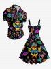 Coconut Tree Duck Juice Planet Print Hawaii A Line Dress - Noir XS