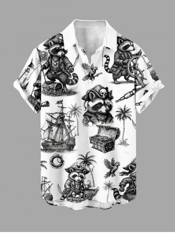 Raccoon Pirate Coconut Tree Ship Rudder Cruise Print Buttons Pocket Hawaii Shirt For Men - WHITE - 4XL