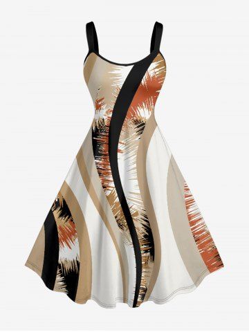 Striped Curve Print Hawaii A Line Dress - TAN - 2X