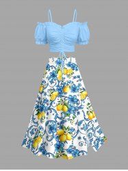 Cinched Ruffles Top and Lemon Flowers Print Split Hawaii Skirt Matching Set -  