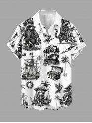 Raccoon Pirate Coconut Tree Ship Rudder Cruise Print Buttons Pocket Hawaii Shirt For Men -  
