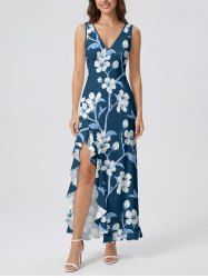 Flower Leaf Branch Print Hawaii Ruffles Split Dress -  