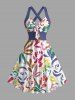 Flower Leaf Painting Print Hawaii Halter Crisscross Strappy A Line Dress - Pourpre  XXL